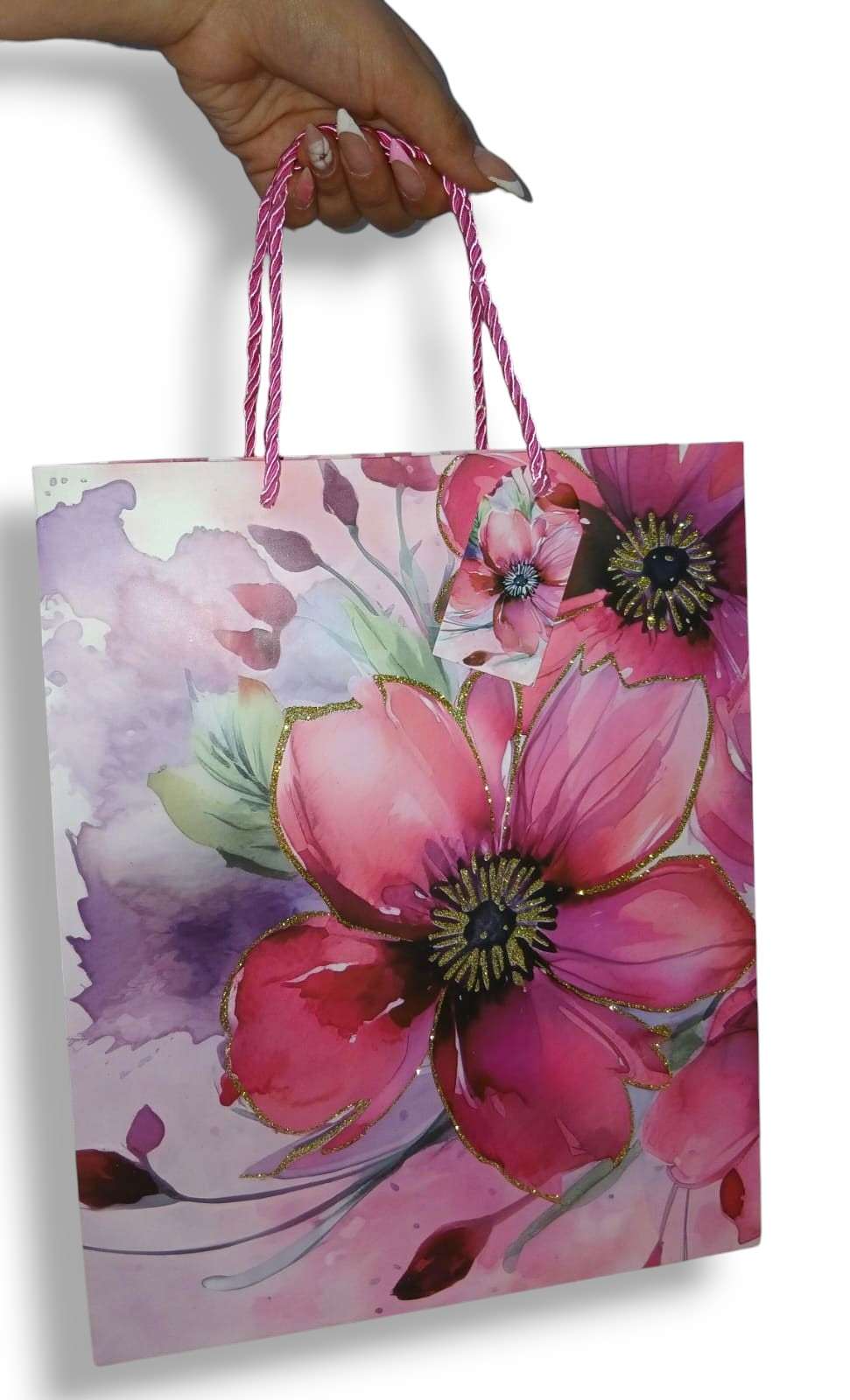 SACOLA FLORES C/GLITTER 32X26X12CM